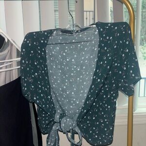 Brandy Melville Floral Green Tie-Front Top